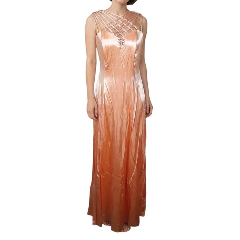 Vintage 90s Peter Fashion Peach Satin Long Formal Gown Prom Dress S NWT
